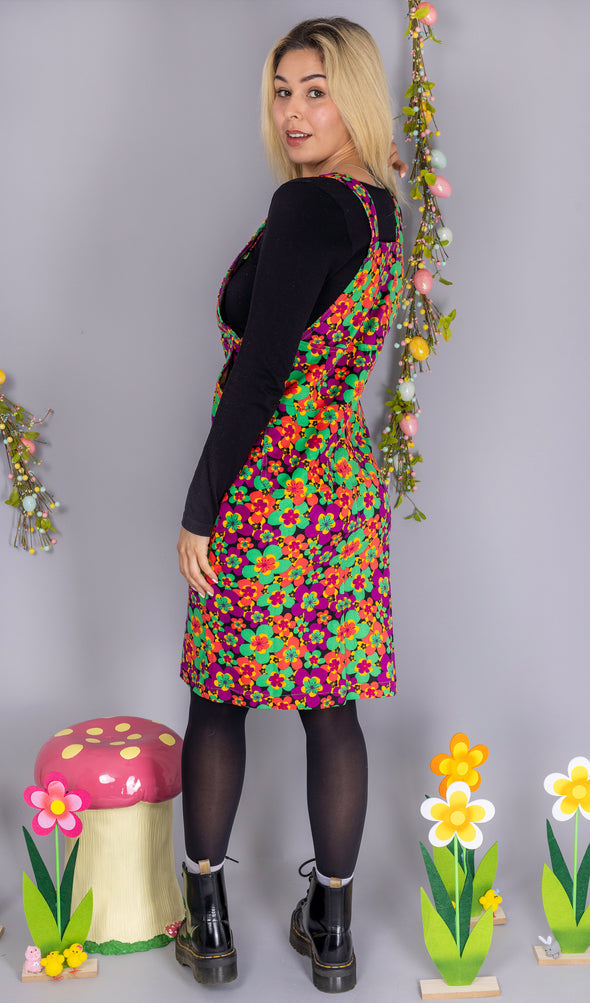 70's Dark Floral Print Long Pinafore - Run & Fly