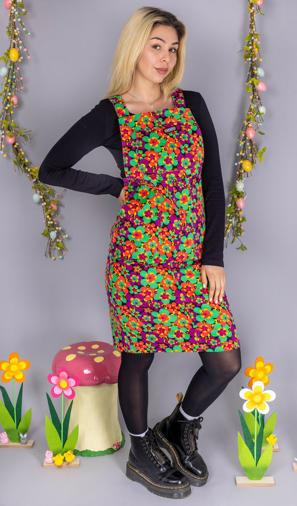 70's Dark Floral Print Long Pinafore - Run & Fly