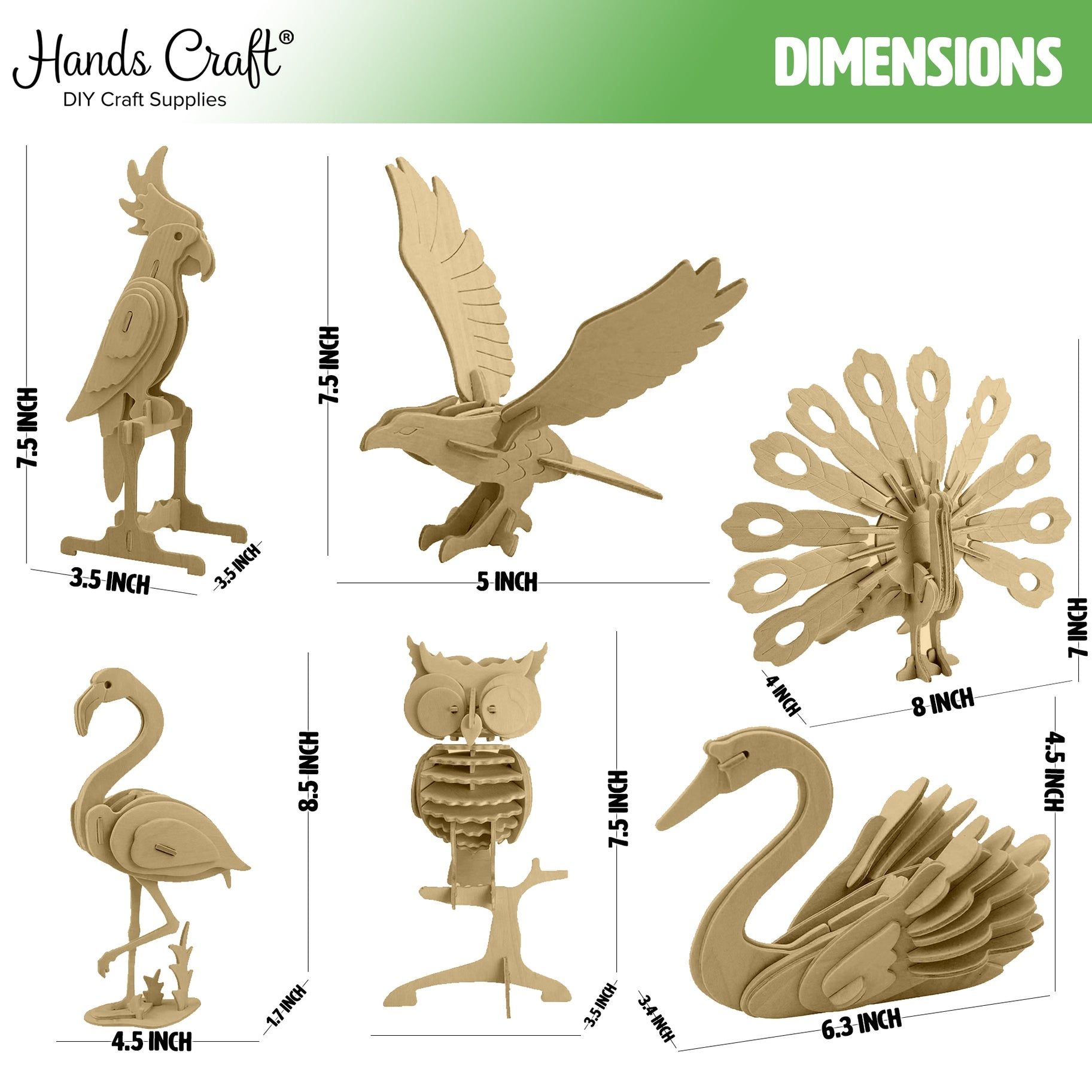 DIY 3D Wooden Puzzle 6 ct, Bird Animals - Hands Craft