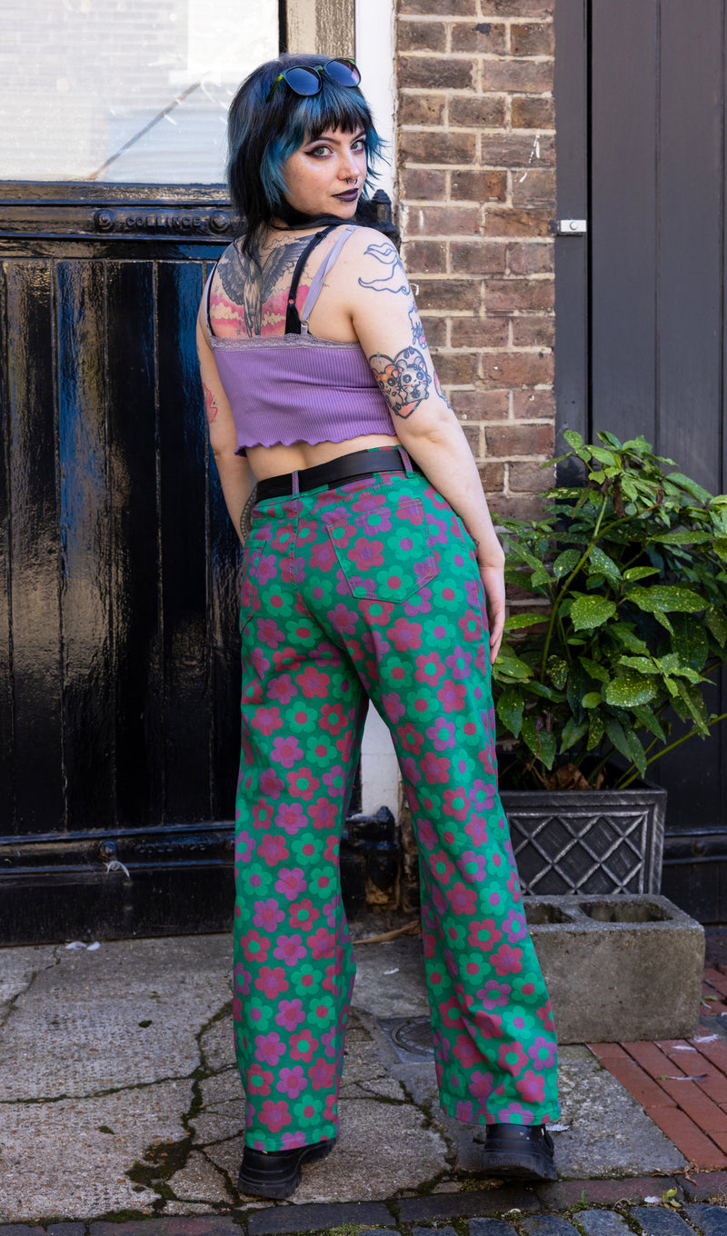90's Green Magic Flower Wide Leg Jeans - Run & Fly