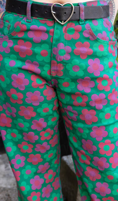 90's Green Magic Flower Wide Leg Jeans - Run & Fly