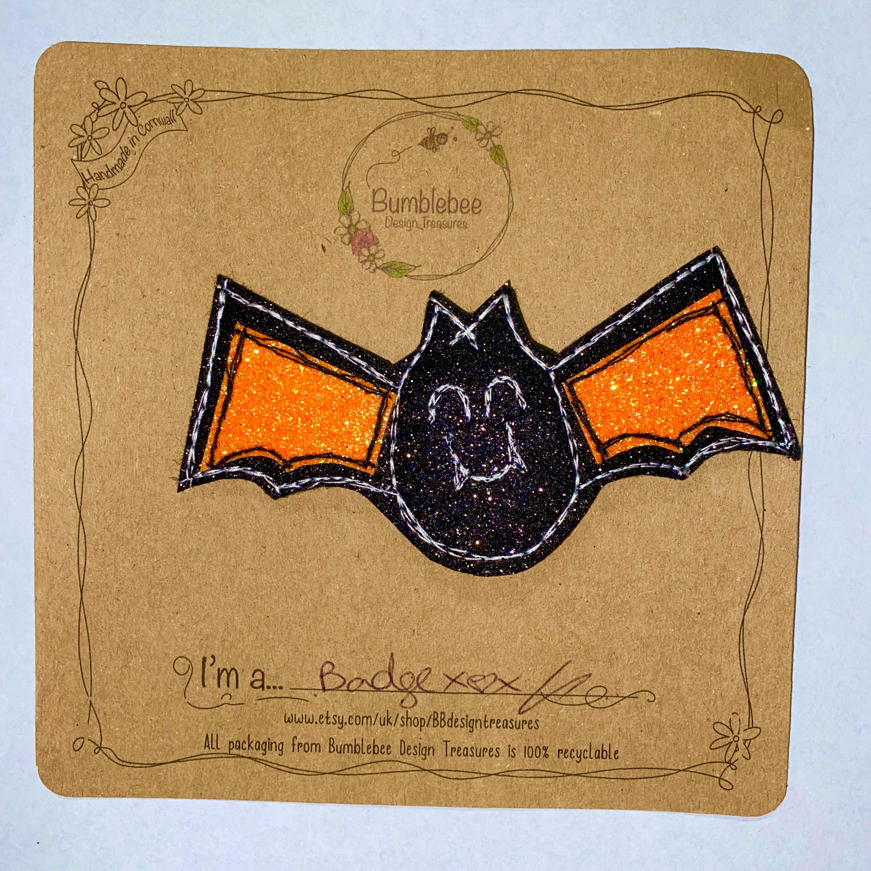 Cheeky Bat Glitter Brooch / Badge - Bumblebee Design Treasures