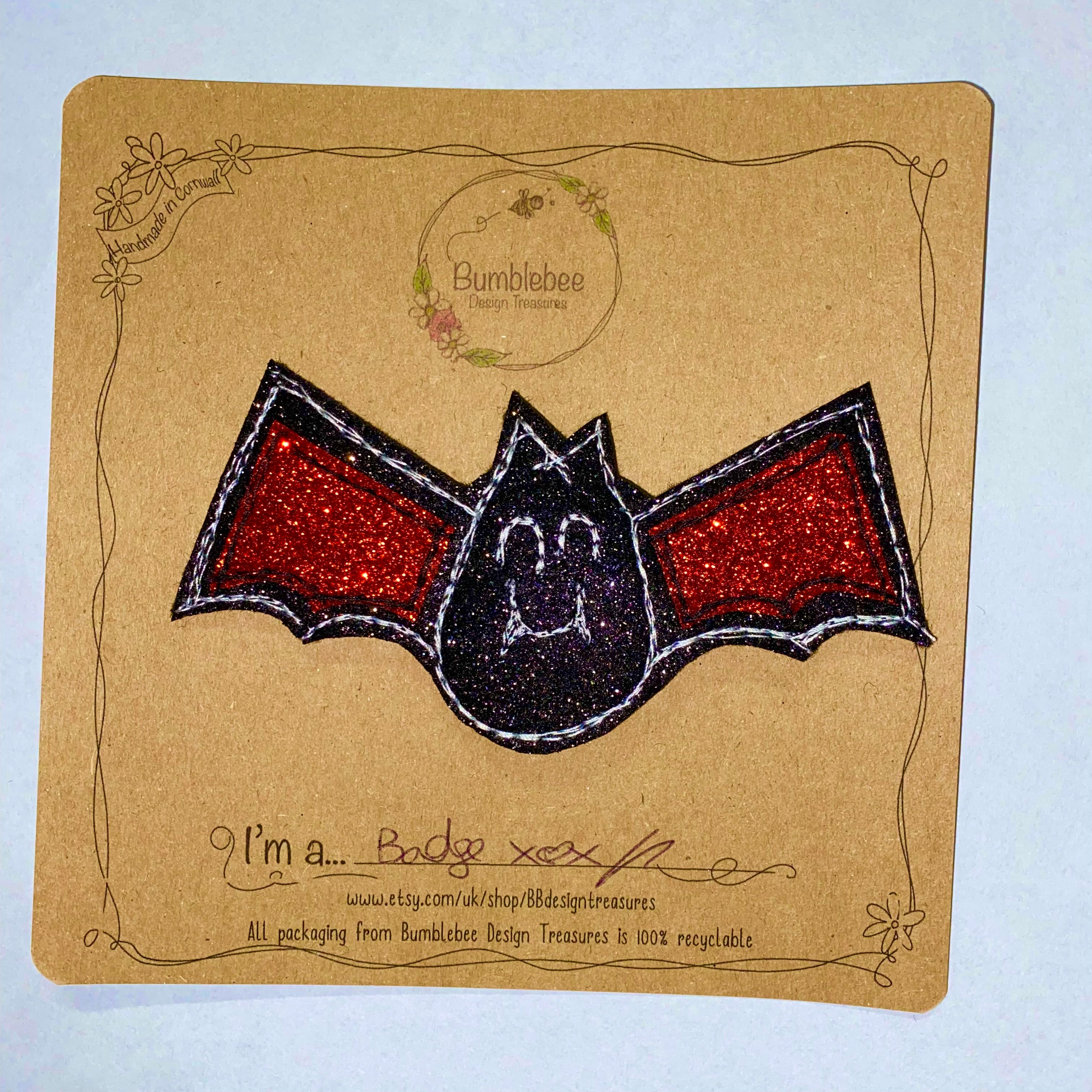 Cheeky Bat Glitter Brooch / Badge - Bumblebee Design Treasures