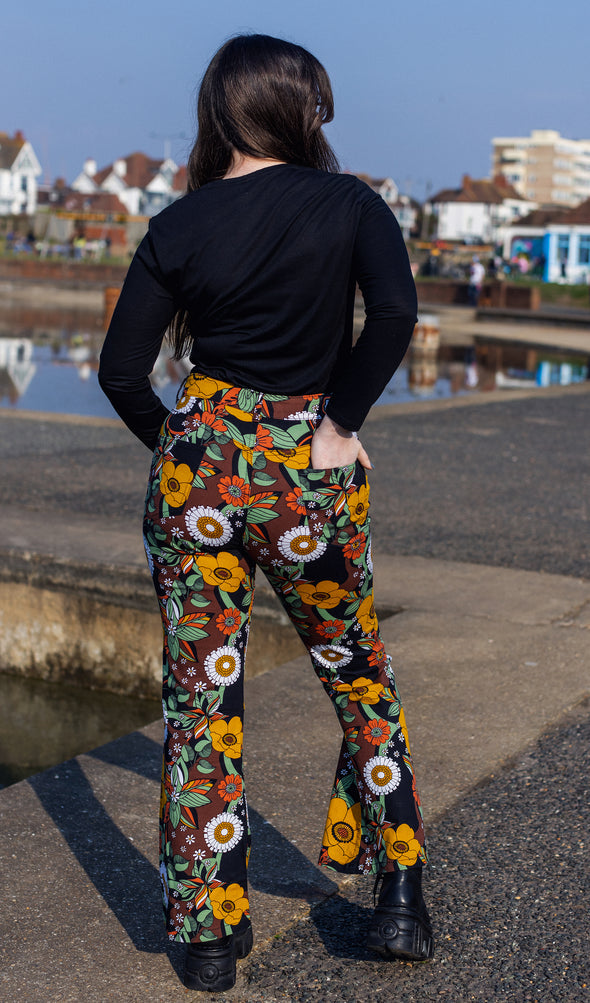 70's Brown Floral Flare High Waisted Jeans - Run & Fly