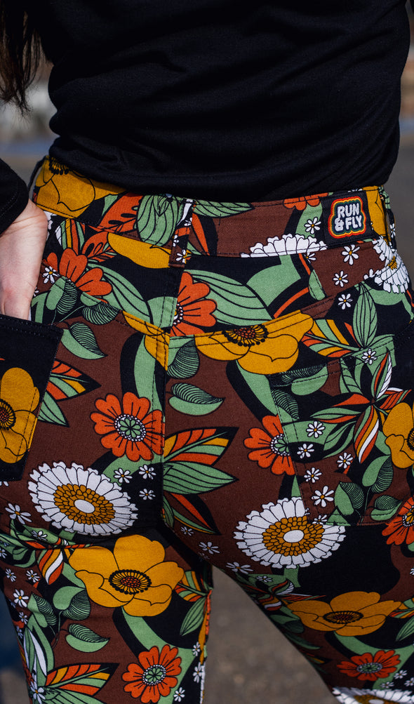 70's Brown Floral Flare High Waisted Jeans - Run & Fly