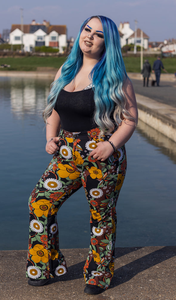 70's Brown Floral Flare High Waisted Jeans - Run & Fly