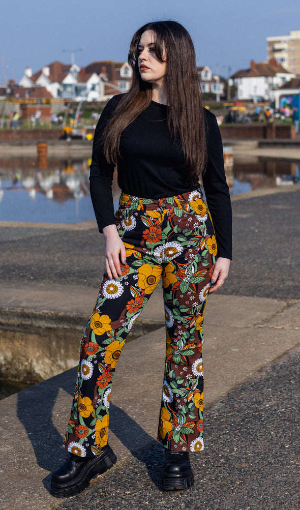 70's Brown Floral Flare High Waisted Jeans - Run & Fly