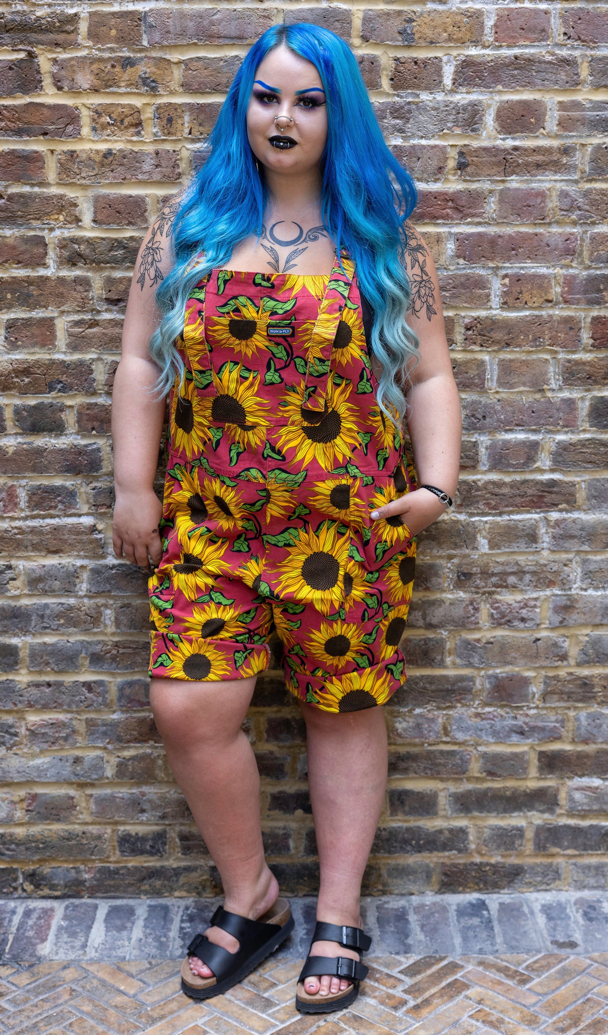 Red Sunflower Twill Dungaree Shorts - Run & Fly (Last Available)