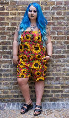 Red Sunflower Twill Dungaree Shorts - Run & Fly (Last Available)