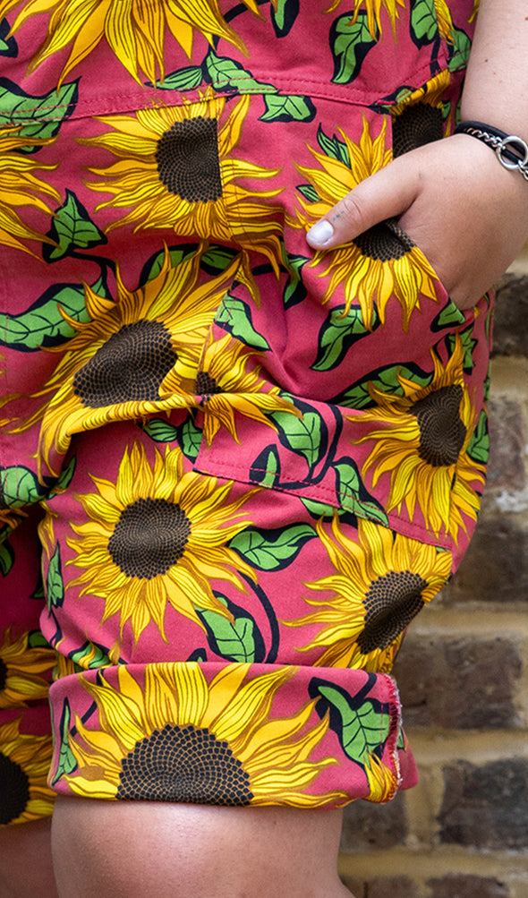 Red Sunflower Twill Dungaree Shorts - Run & Fly (Last Available)