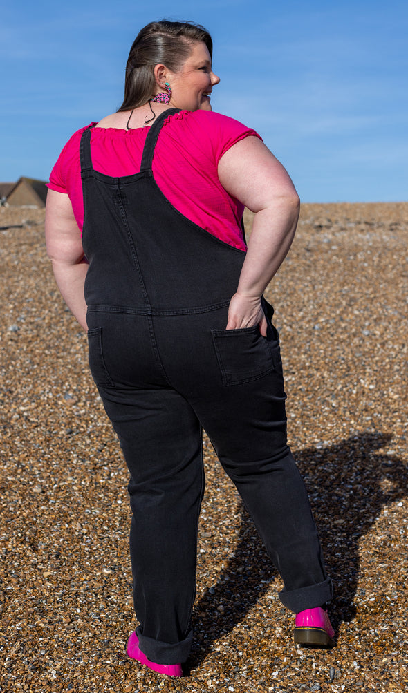 Black Stone Wash Dungarees - Run & Fly