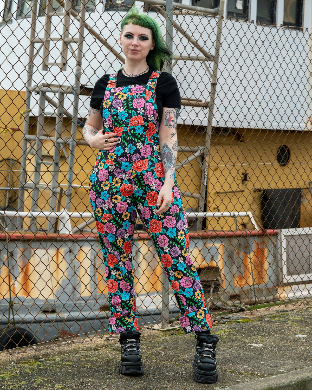 Tattoo Floral Stretch Dungarees - Rebel Romance