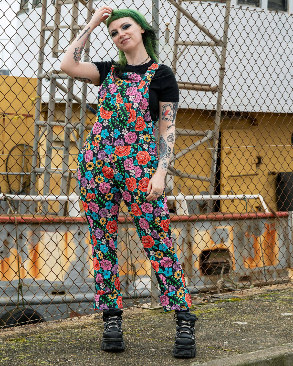 Tattoo Floral Stretch Dungarees - Rebel Romance