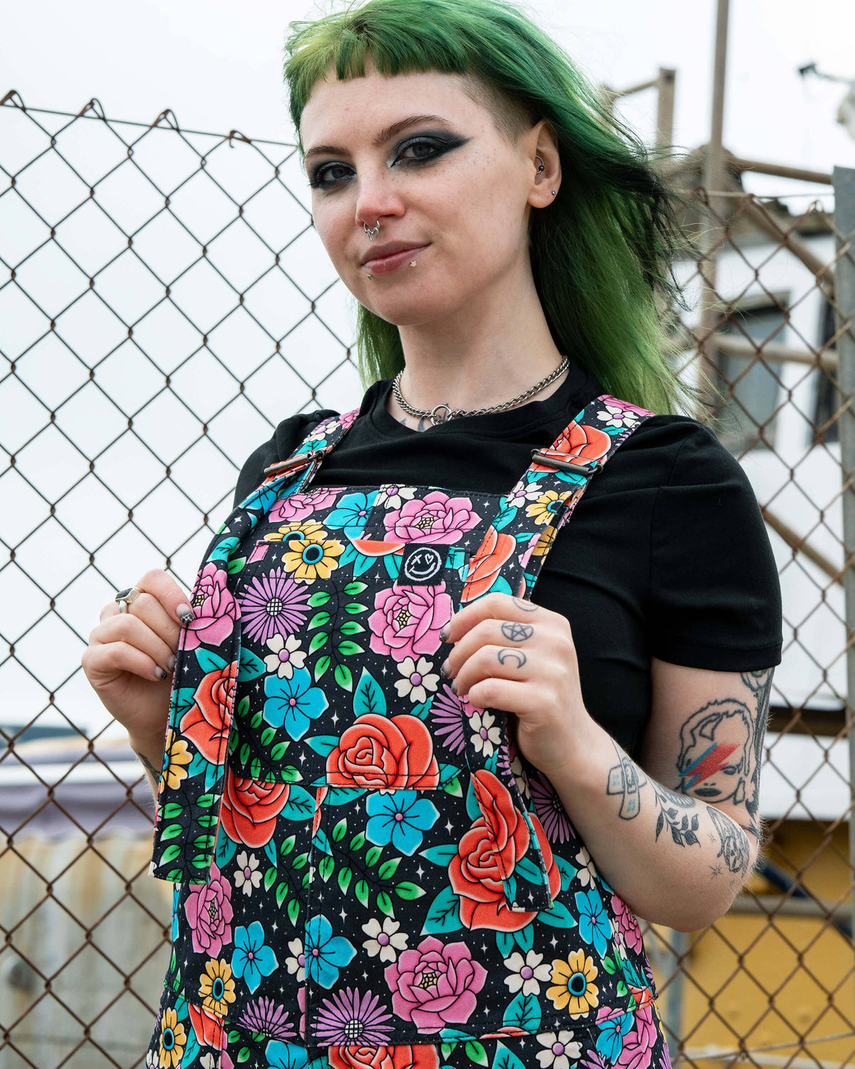 Tattoo Floral Stretch Dungarees - Rebel Romance