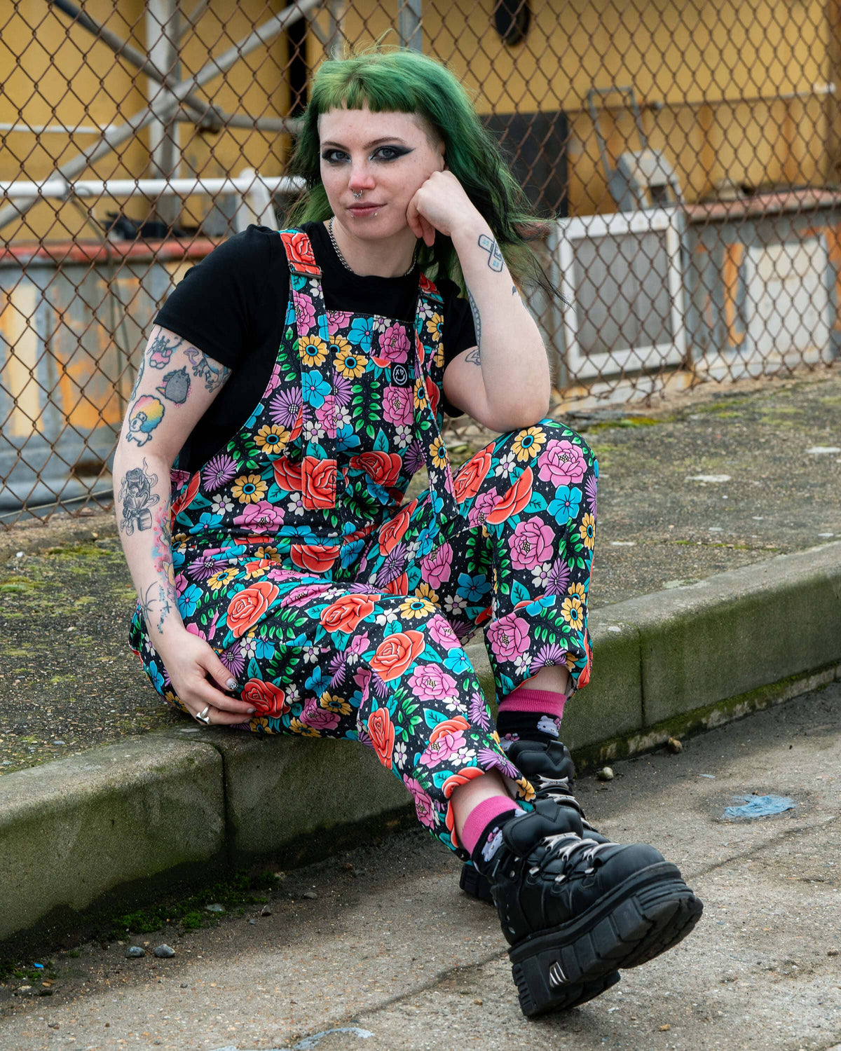 Tattoo Floral Stretch Dungarees - Rebel Romance