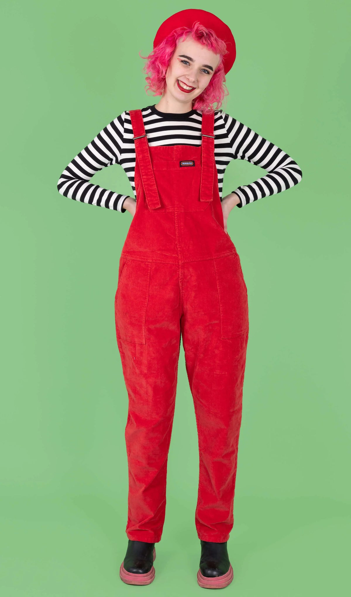 Red Stretch Corduroy Dungarees - Run & Fly