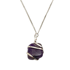 Amethyst Tumbled Stone Wire Wrap Pendant Necklace