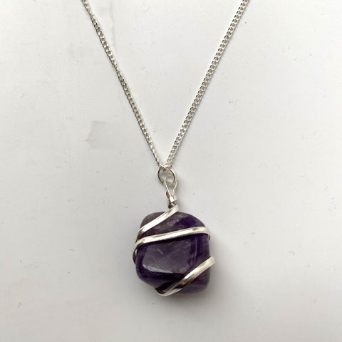 Amethyst Tumbled Stone Wire Wrap Pendant Necklace