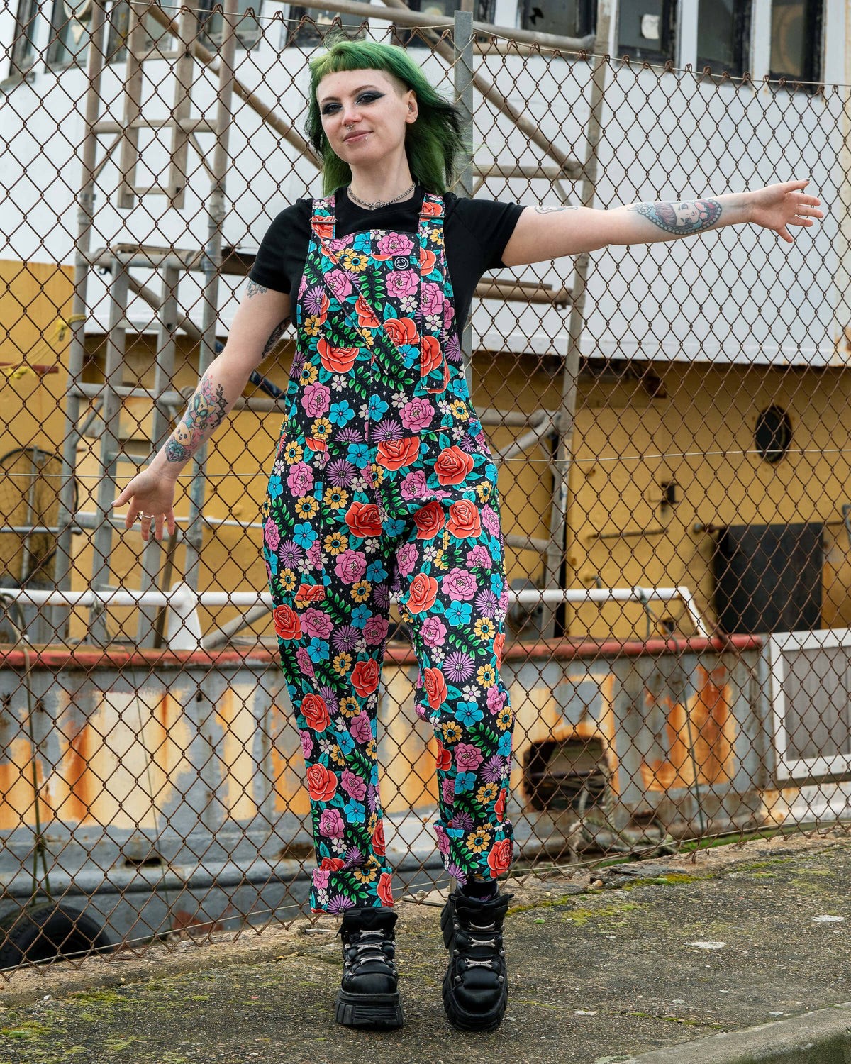 Tattoo Floral Stretch Dungarees - Rebel Romance