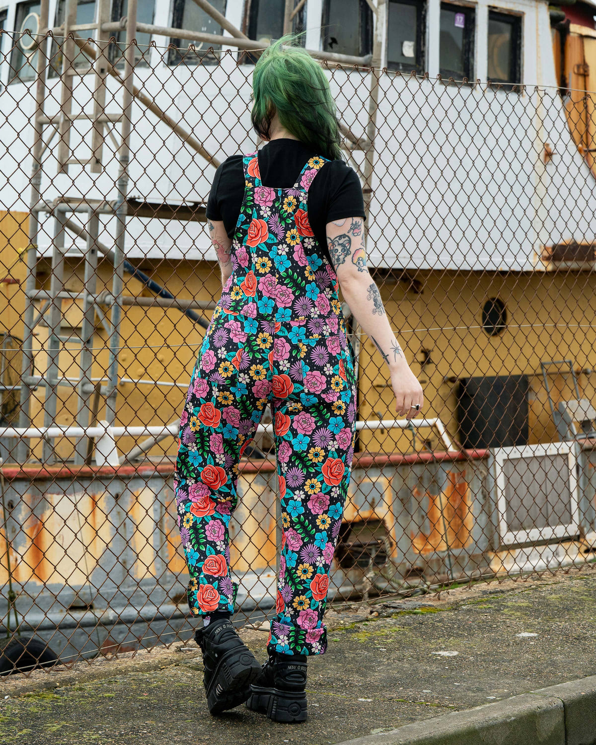 Tattoo Floral Stretch Dungarees - Rebel Romance