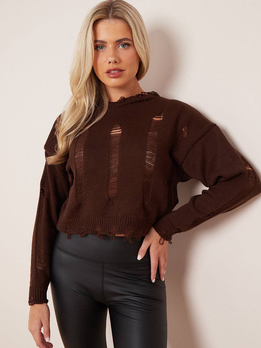 Long Sleeve Distressed Knitted Cropped  Brown Jumper