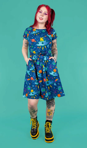 Dogs in Space Stretch Belted Tea Dress with Pockets - Run & Fly