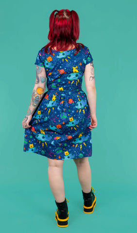 Dogs in Space Stretch Belted Tea Dress with Pockets - Run & Fly