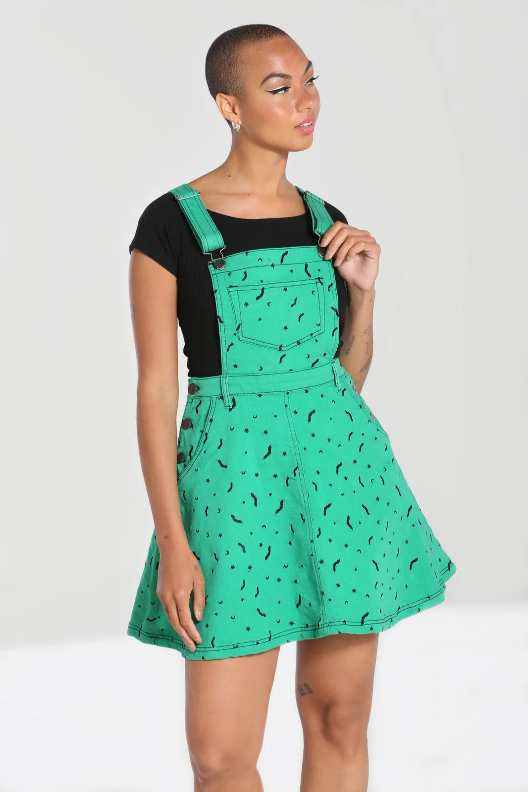 Bat Embroidered Green Pinafore - Hell Bunny