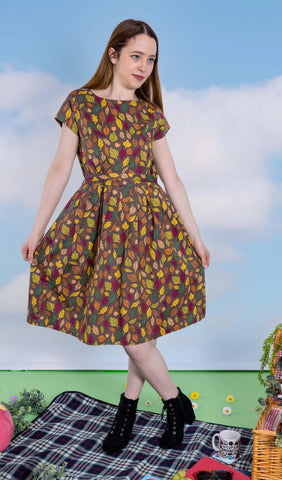 Autumn Leaves Stretch Belted Tea Dress with Pockets - Run & Fly