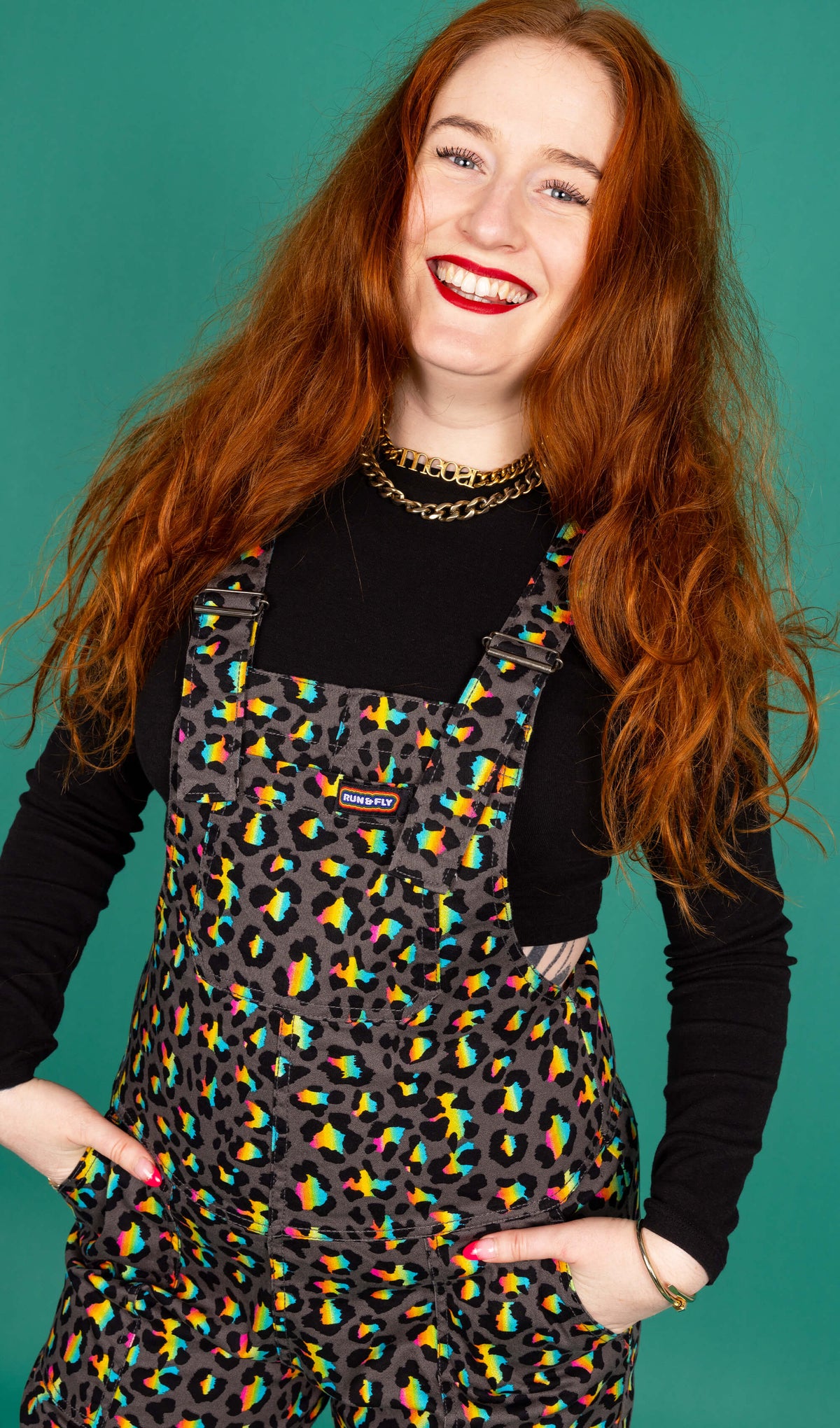 Grey Rainbow Leopard Stretch Dungarees - Run & Fly