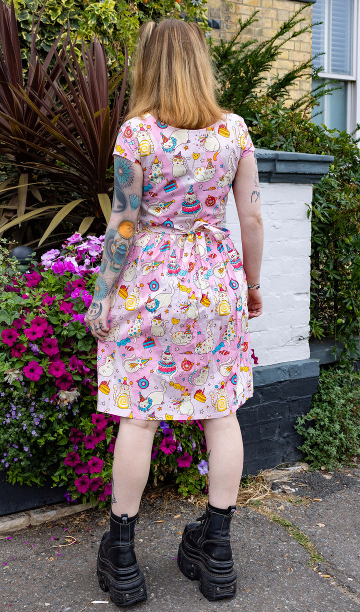 The Mushroom Babes Party Cats Belted Tea Dress with Pockets - Run & Fly