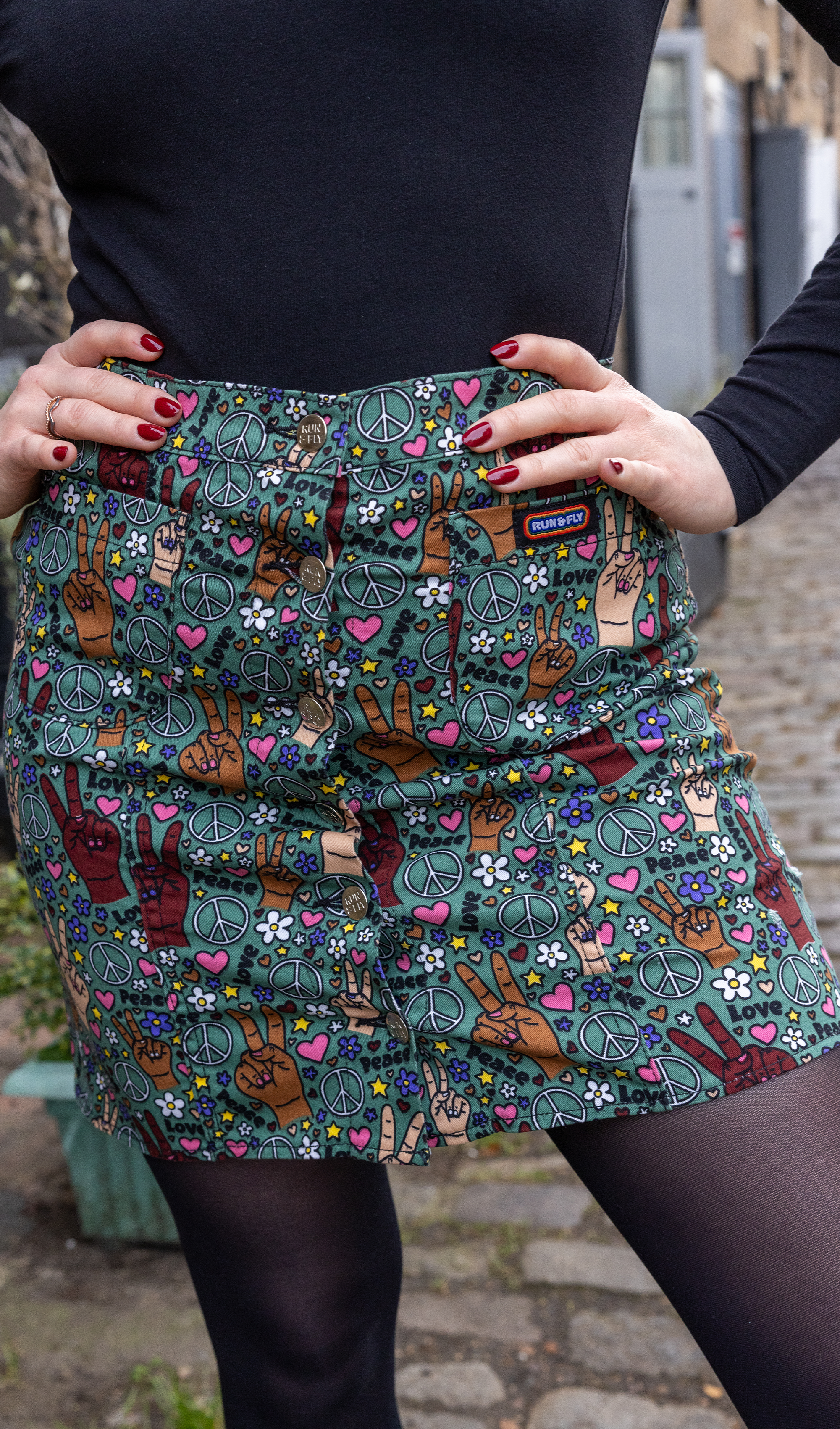 Peace and Love A Line Skirt Run Fly Yella Brick Road