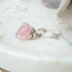 925 Sterling Silver Raw Cut Rose Quartz Moon & Star Necklace - Xander Kostroma (Last Available)