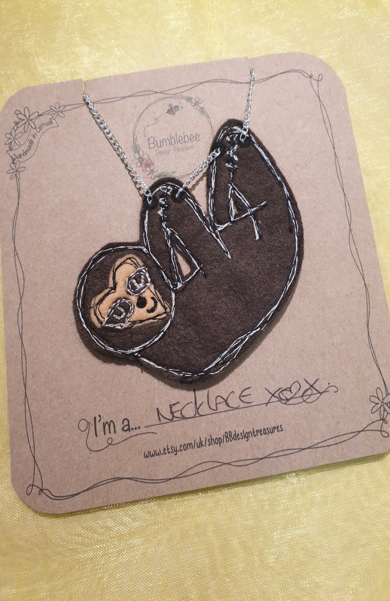 Sloth Felt Necklace - Bumblebee Design Treasures
