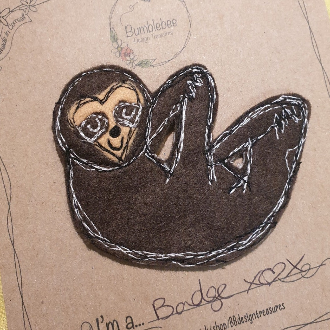 Sloth Felt Brooch / Badge - Bumblebee Design Treasures (Last Available)