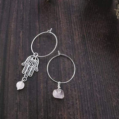Sterling Silver Hoop & Hamsa Hand Rose Quartz Semi Precious Stone Earrings - Xander Kostroma (Last Available)