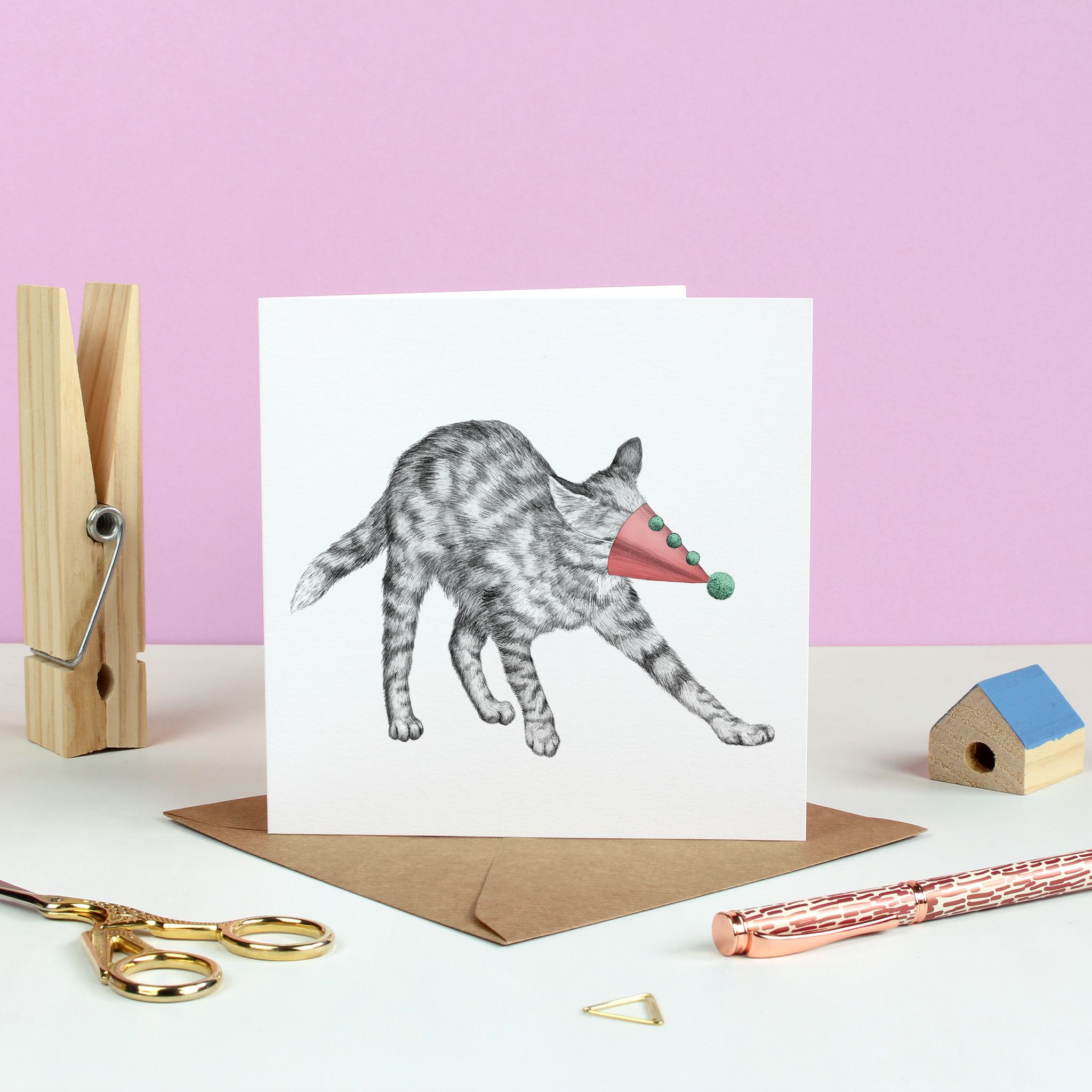 Cat Stuck In A Hat Greetings Card - Ink Bandit