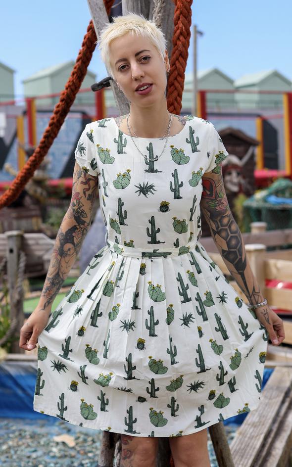 White Blooming Cactus Tea Party Dress - Run & Fly (Last Available)