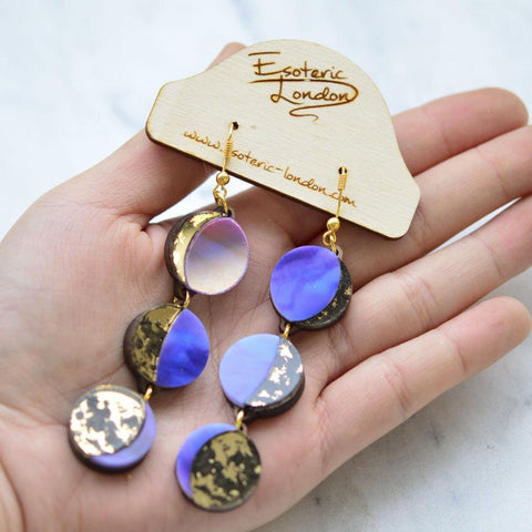 Moon Phase Gold and Purple Long Dangle Earrings - Esoteric London (Last Available)