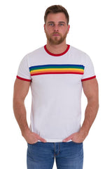 White Ringer Retro Rainbow Striped T Shirt - Run & Fly