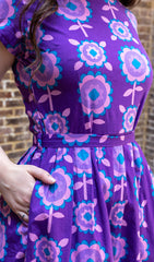 Purple Retro Flowers Belted Stretch Tea Dress with Pockets - Run & Fly (Last Available)