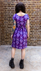 Purple Retro Flowers Belted Stretch Tea Dress with Pockets - Run & Fly (Last Available)