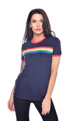 Navy Ringer Retro Rainbow Striped T Shirt - Run & Fly