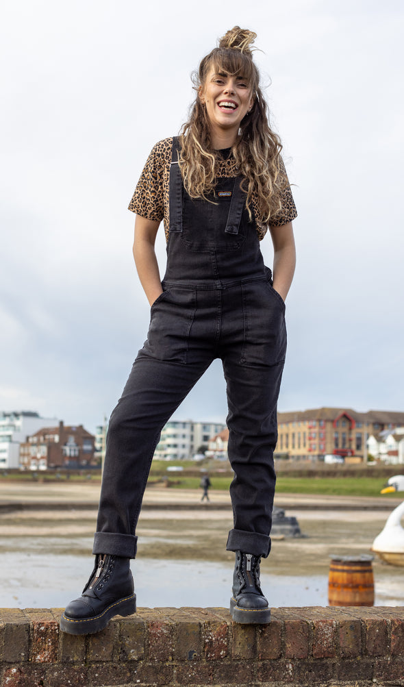 Black Stone Wash Skinny Fit Dungarees - Run & Fly