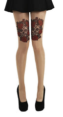 Nude Skull and Red Roses Gothic Tattoo Tights - Pamela Mann
